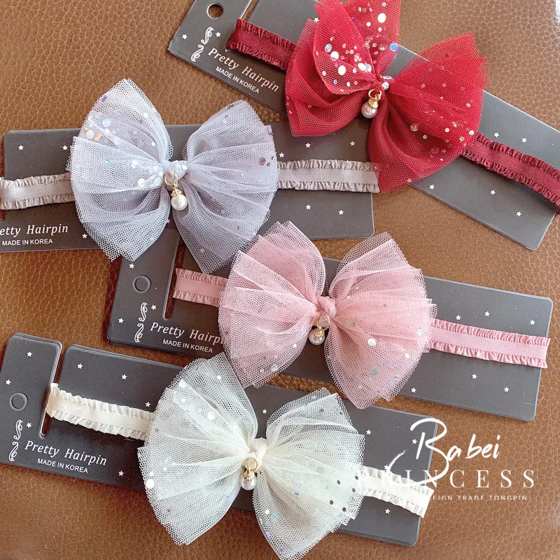 Baby girls Bow Headband Newborn Infant Pearl Flowers With Lace Headbands Bebes Hair accessories Phoro props Kids Turban