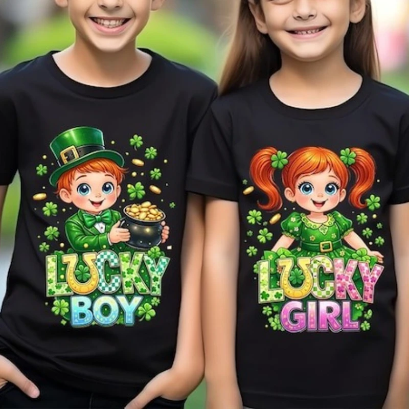 Luck Girl Boy St Patrick’s Day Shirt Design Irish Clover Kids Graphic Download Cute and Funny Cartoon Short-sleeved Shirt