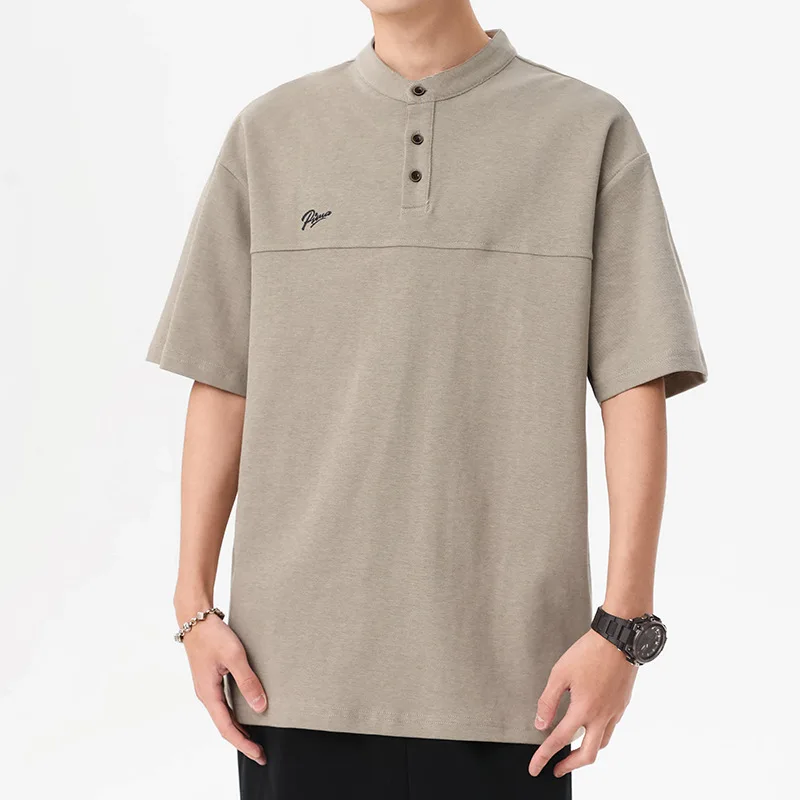 

Summer new cotton breathable short-sleeve shirt button-up collar solid color T-shirt top
