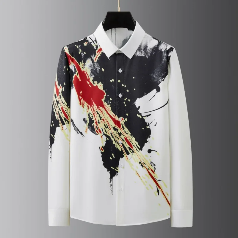 

2024 early spring new non ironing and wrinkle resistant men's long sleeved shirt trend digital printed shirt