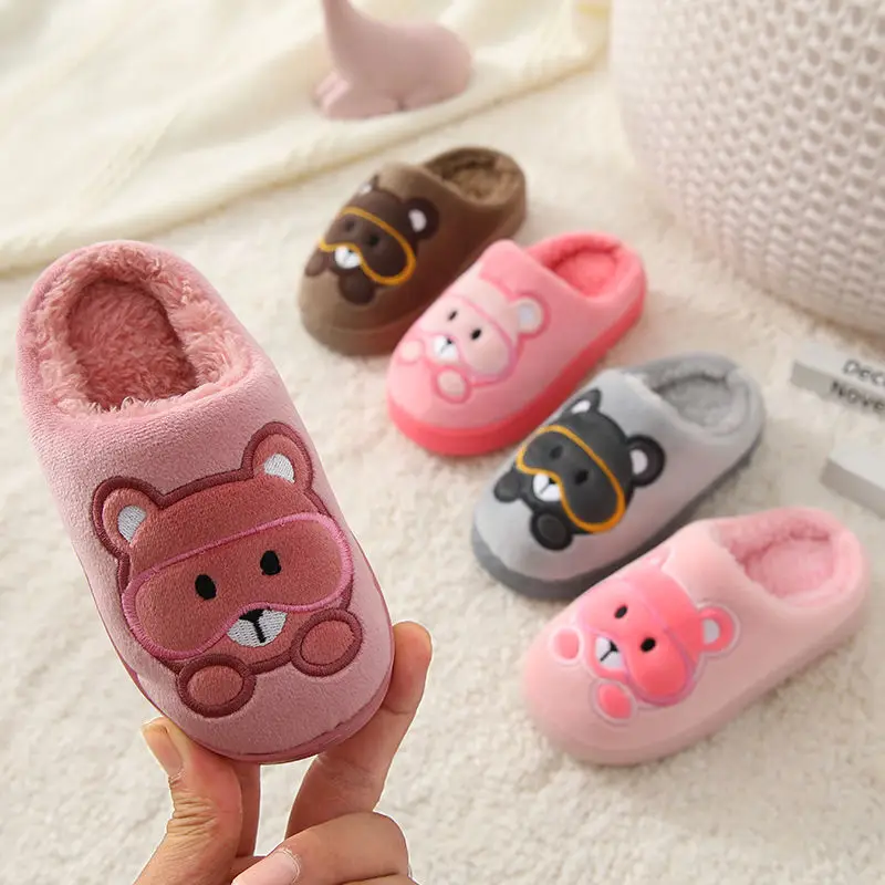 Autumn Winter Teddy Bear Children Cotton Slippers Comfort Warm Slip-On Home Indoor Cotton Slippers Casual Kids Shoes Fur Slides