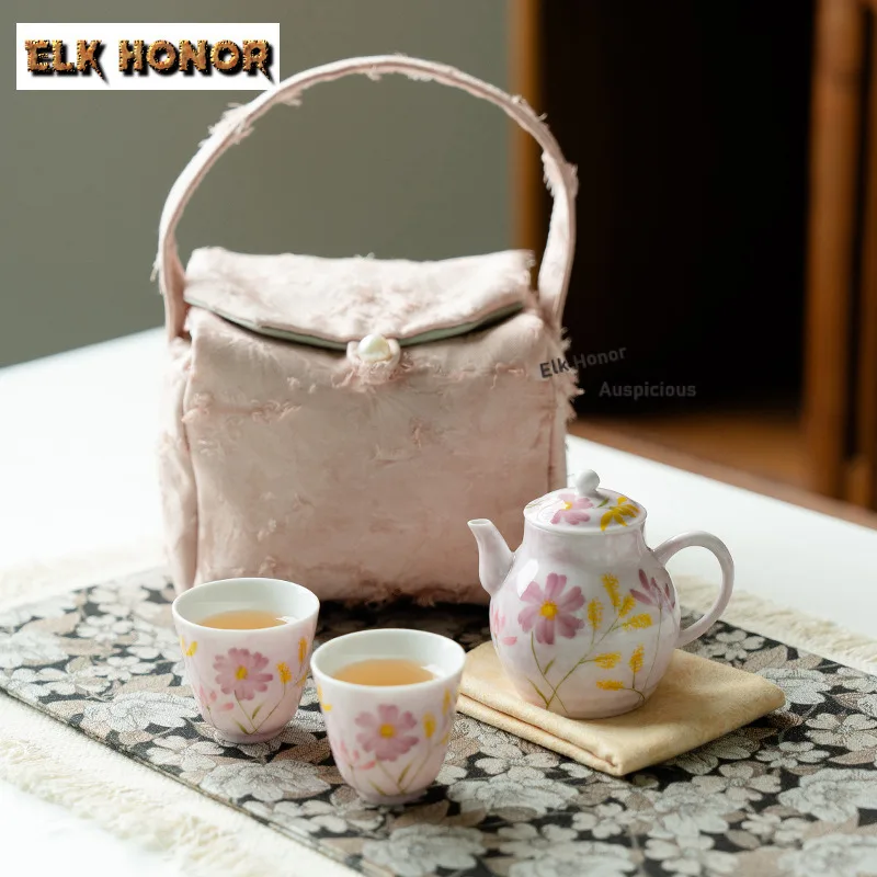 

Чистый ручной роспись цветов, дорожный чайный сервиз, набор, древний 1 горшок, 2 чашки, органайзер для чайника, портативная сумка для пикника, принадлежности