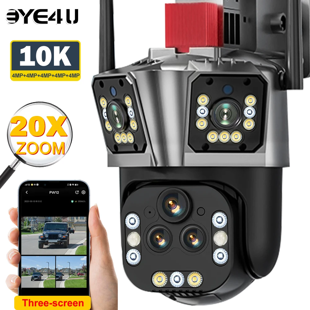 

10K 20MP WiFi IP Camera 20X Zoom Four Lens Three Screen PTZ Cameras Outdoor 16MP 8K Video Surveillance Cam CCTV Security Camera