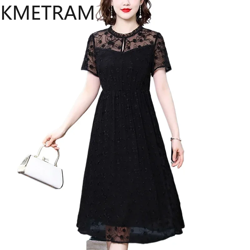 

KMETRAM 100% Real Mulberry Silk Dress Luxury Party Long Dresses Women Clothing 2024 Summer Black Frocks for Woman Платье Женское