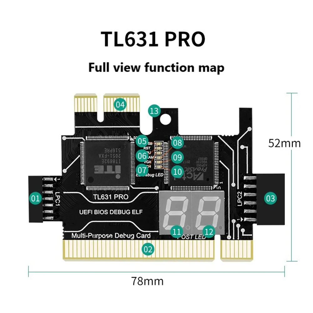 VO-TL631 Pro كمبيوتر محمول مكتبي متعدد الوظائف LPC-DEBUG بطاقة بريدية PCI PCI-E جهاز اختبار تشخيص اللوحة الأم PCI-E