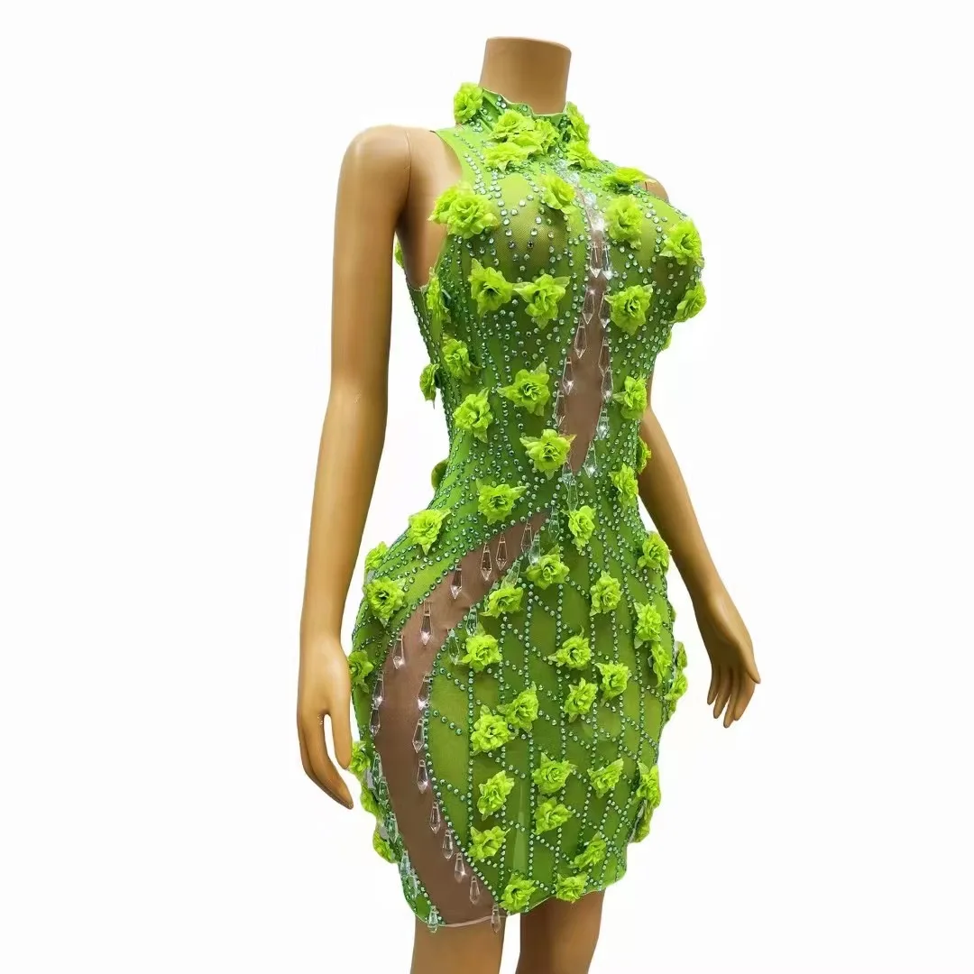 New Design Silver Green Flower Rhinestones Transparent Dress Birthday Celebrate Costume Dance Performance Photoshoot Outfit