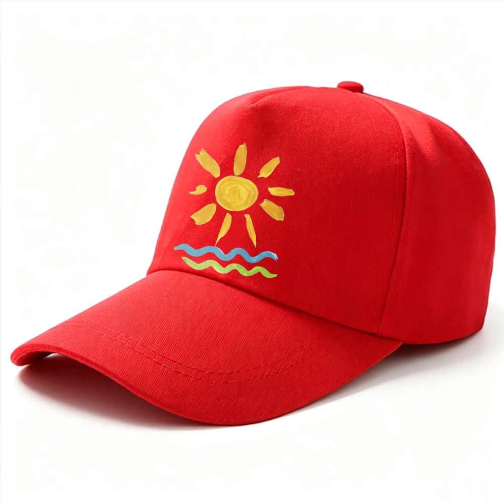 Men Women Hand Drawn Sun Wave Ocean Beach Print Baseball Cap Summer Casual Soft Cotton Adjustable Outdoor Travel Dad Hat