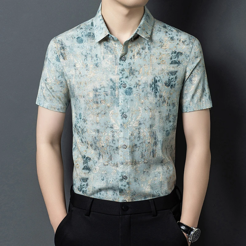Breathable Coolness Shirts For Men Short Sleeve Print Silk Blend Summer Quality Softness Skin-Friendly Premium Camisas De Hombre