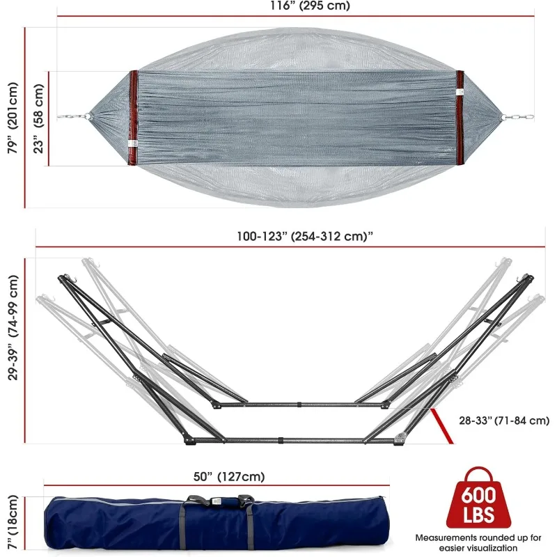 Adjustable Hammock Stand 600 lbs Capacity, Collapsible Camping Hammock and Stand, Double Hammock with Stand for 2 Persons