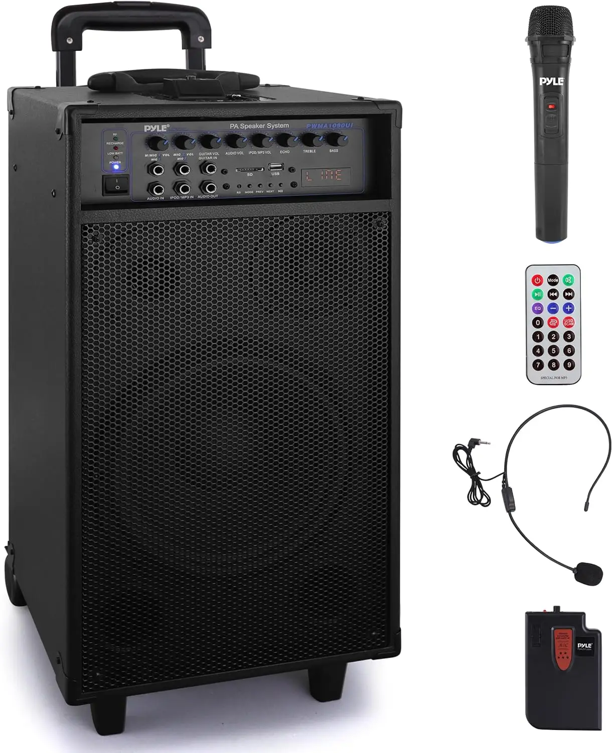 

Watt Outdoor Portable Wireless PA Loud speaker - 10'' Subwoofer Sound System with Charge Dock, Rechargeable Battery, Radio