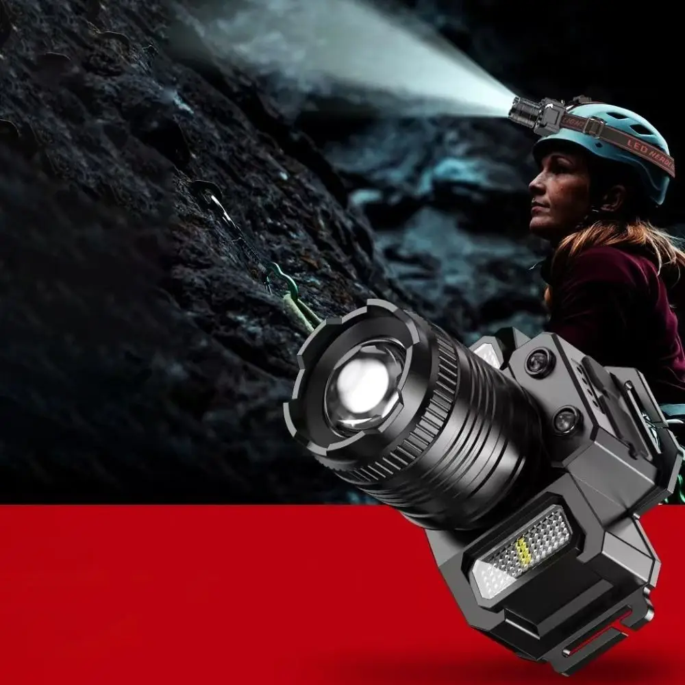 Faro LED con sensore di movimento portatile Potente luminoso 5 modalità Lampada frontale impermeabile Lampada frontale ricaricabile USB regolabile da campeggio