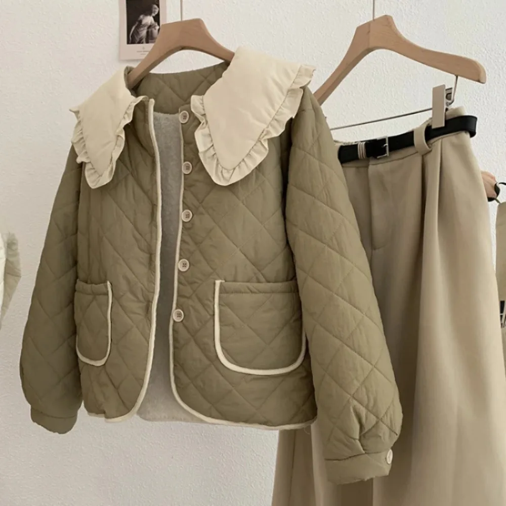 Vintage Kawaii Cotton Padded Jacket Women Japanese Ruffled Peter Pan Collar Sexy Parka Winter Tops Warm Patchwork Quilted Coat