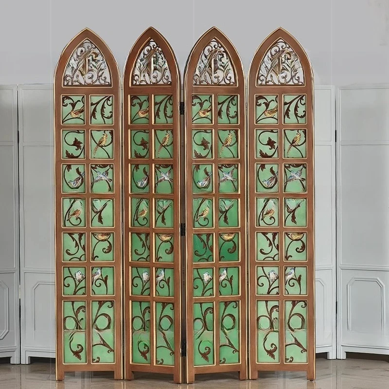 

Rural retro green screen flower and bird painting living room block screen glass design sense four-screen block screen