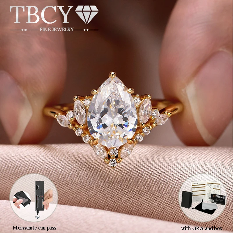 

TBCYD Luxury 2CT Pear/Oval Cut Moissanite Ring for Women Real 925 Silver Sparkling Diamond GRA with Elegant Engagement Jewelry