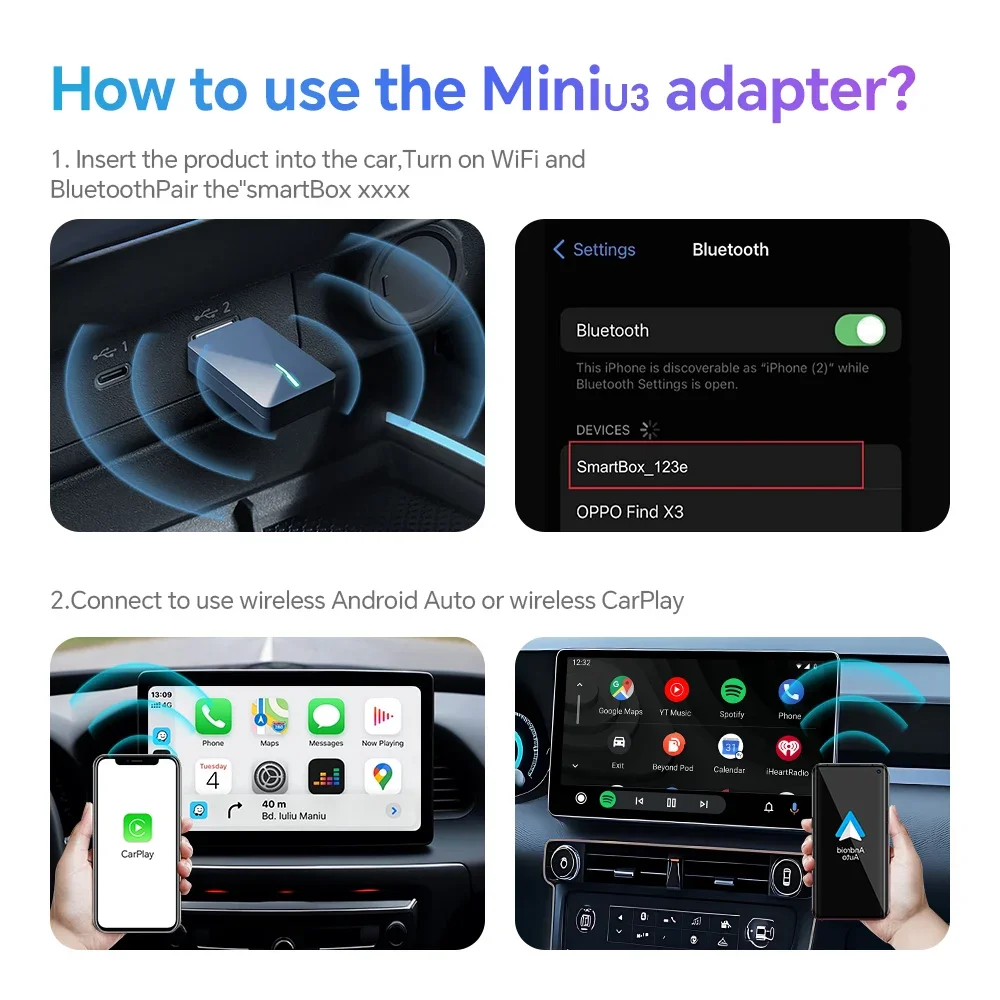GuideForyou Mini U3 2-IN-1 Wireless CarPlay Adapter Android Auto Dongle with Smart USB Box WiFi Compatible with Kia Vehicles