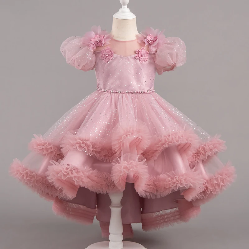 HETISO 3-12Y Fashion Flower Tulle Layers Dress for Girls Beading Mesh Puff Sleeve Children Girls Summer Party Dots Ball Gown