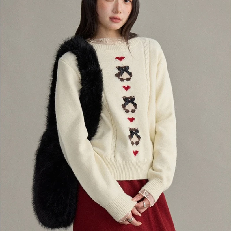 

2026 Spring New Hot Selling Little Bear Love Jacquard Round Neck Knitted Sweater for Women