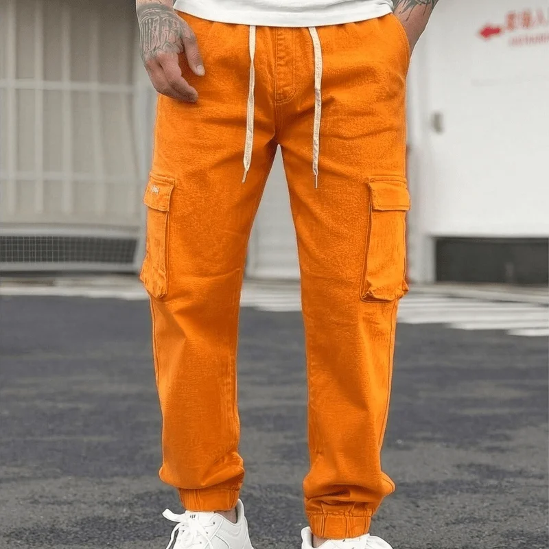 Denim overalls, elastic tied jeans, universal in all seasons, street wear, convenient storage with multiple pockets,