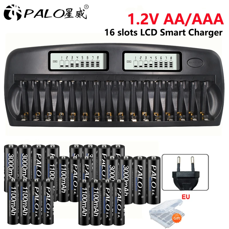 

PALO 1.2V AA AAA NIMH Rechargeable Battery+16 slots LCD Smart AA AAA Battery Charger Safe intelligent Charger For 2A 3A Battery