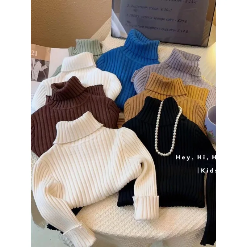 

Children's Turtleneck Sweater Autumn and Winter New Sunken Stripe Solid Color Baby Boy and Baby Girl Slim Knit Bottoming Shirt W