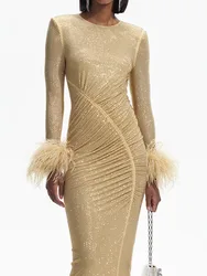 Sexy O Neck Long Sleeve Diamond Feathers Dress Women Shiny Rhinestone Folds Bodycon Midi Dresses Elegant Evening Party Gowns