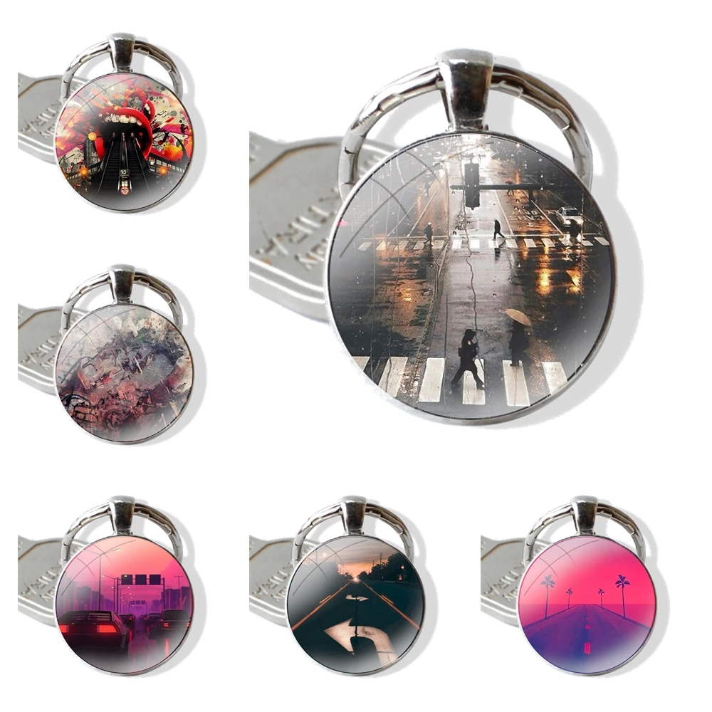 Keychain Handmade Glass Cabochon Key Ring Holder Pendant Key Chains Artistic vintage Road sign