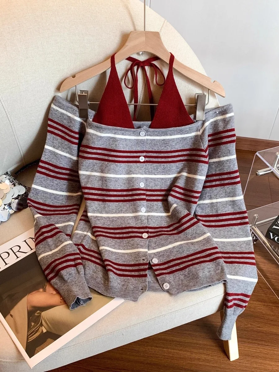 

American Style Striped Long Sleeve Knitted Cardigan Women Spring Autumn Korean System Matching Base Inner Gigantic Good Looki...
