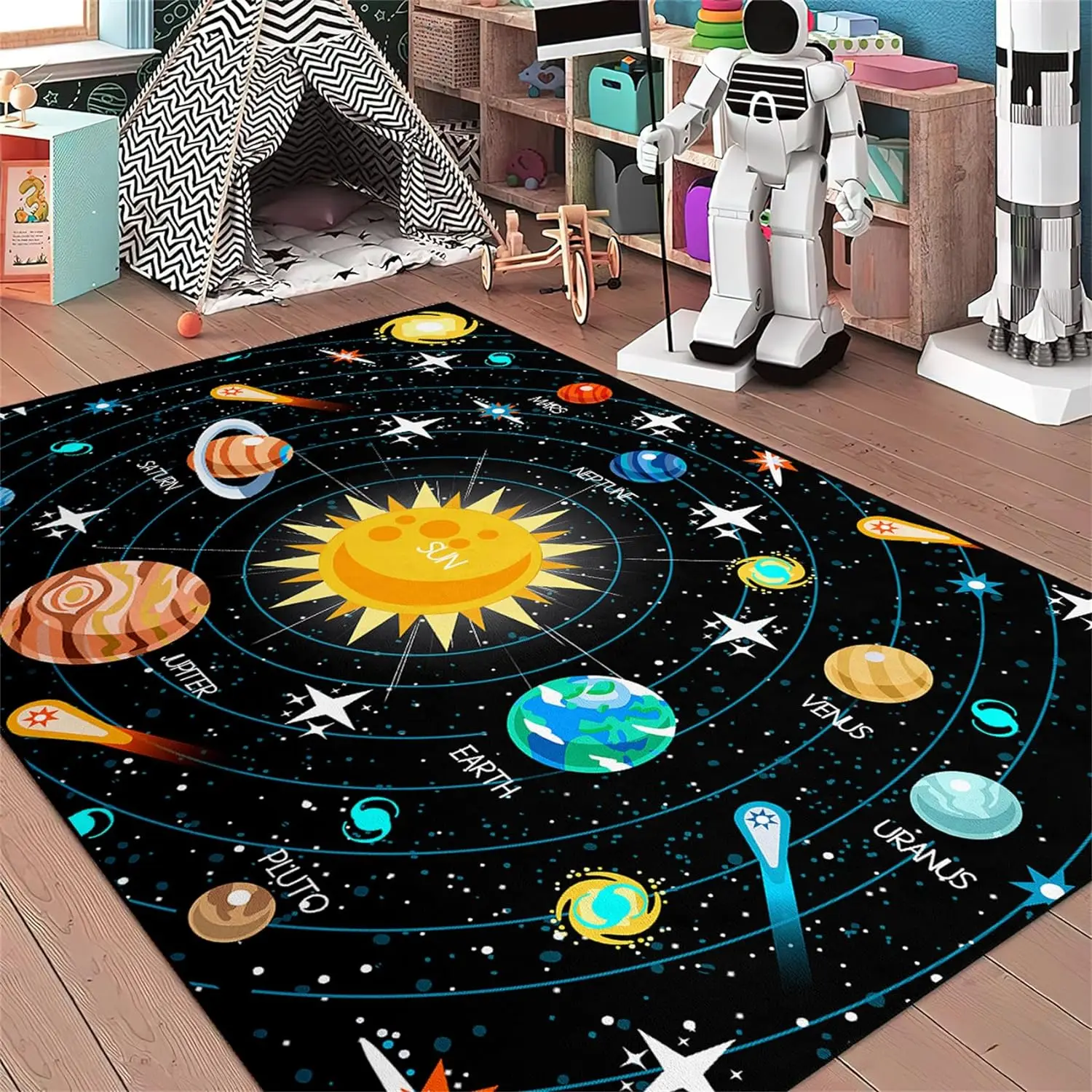 Outer Space Area Rug Solar System Galaxy Planets Rug for Boy Bedroom Universe Theme Carpet for Kid Bedroom Polyester Floor Mats
