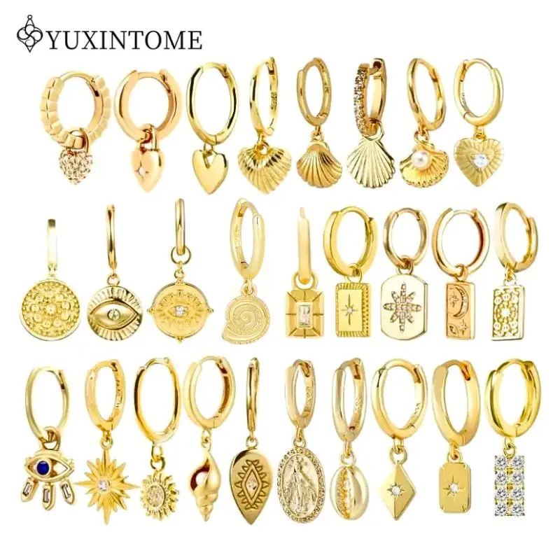 

YUXINTOME 925 Silver Ear Needle Zircon Hoop gold Earrings For Women Square Plate Pendant Cutout Heart Earrings Fashion Jewelry
