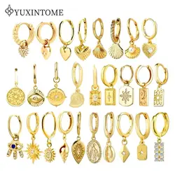 YUXINTOME 925 Silver Ear Needle Zircon Hoop gold Earrings For Women Square Plate Pendant Cutout Heart Earrings Fashion Jewelry