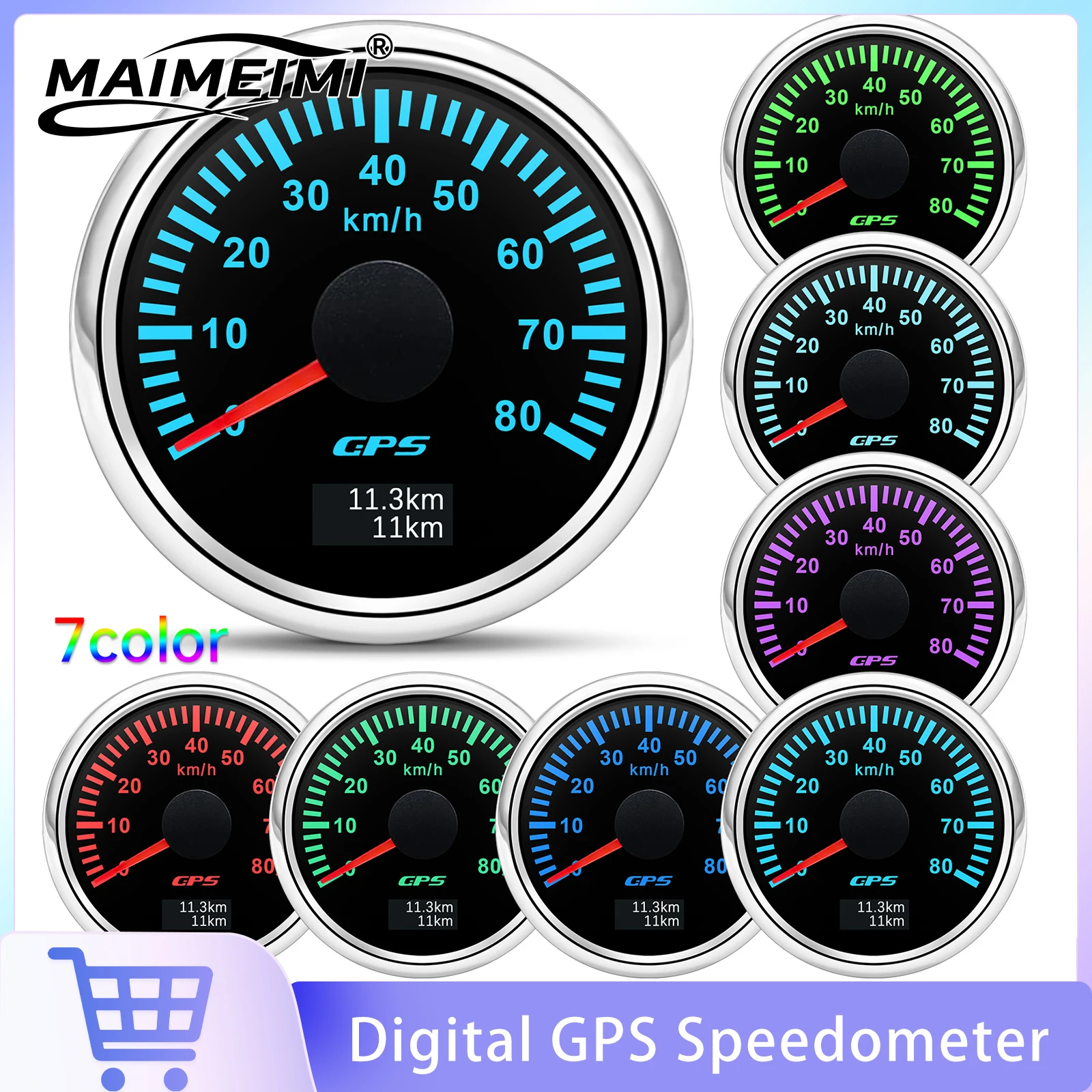 Marine Boat 52mm GPS Speedometer 30/60/80/120/200 KMH Speed Gauge Odometer With Antenna With 7 Colors Led Backlight 12V 24V