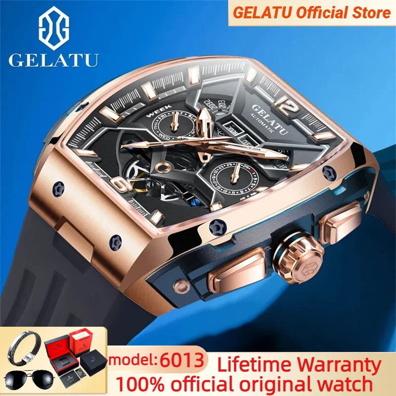 

GELATU 6013 Top Fashion Genuine Watches for Men Black Stainless Steel Flywheel Dial Original Business Watch Waterproof Men Clock