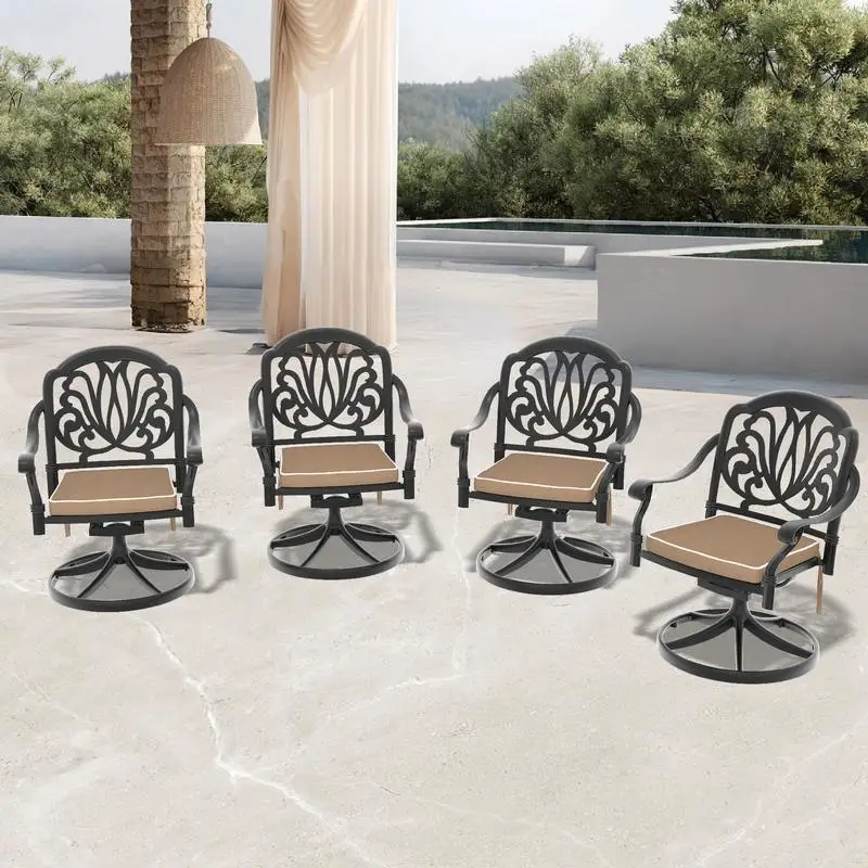 4PCS Swivel Patio Chairs - Black Frame with Brown Cushions - Outdoor Seating Set
