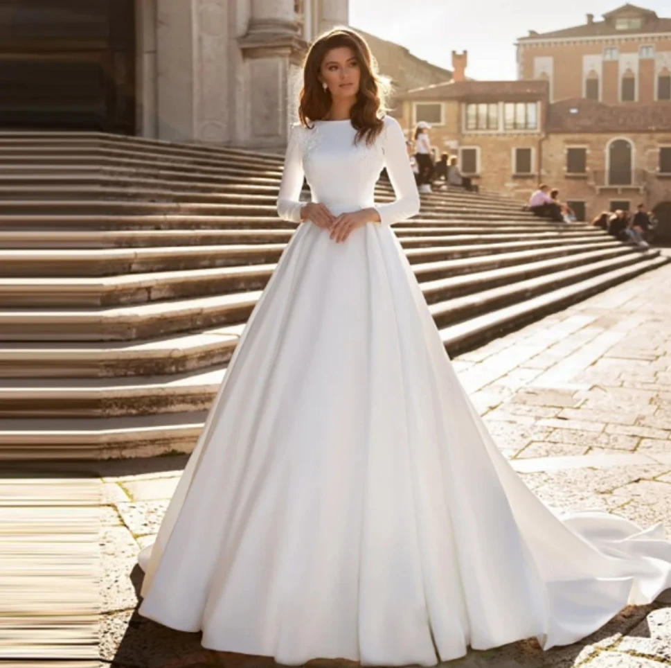 Vestido de novia blanco elegante, calcomanía con cuentas de cristal, Espalda descubierta, manga larga, línea A, largo hasta el suelo