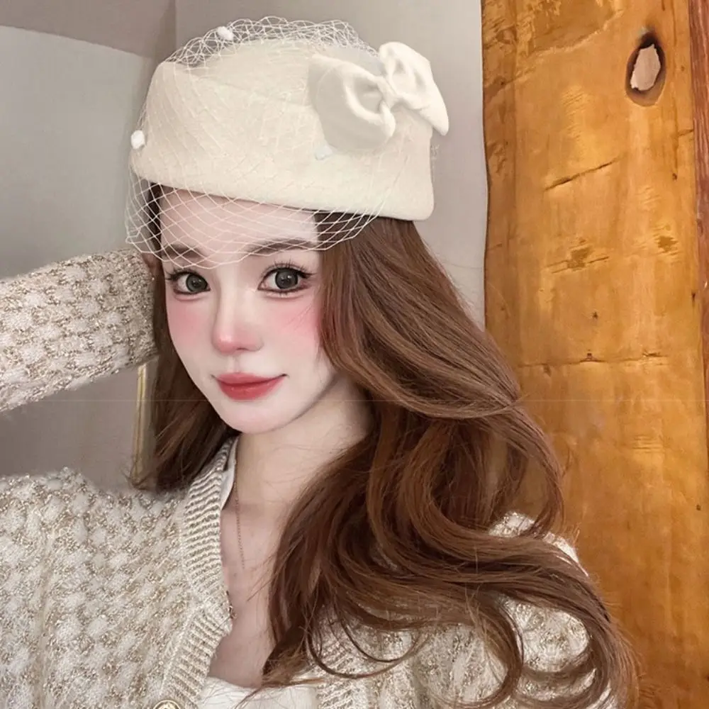 

British Style Wool Bow Hat with Veil Elegant Cashmere Stewardess Cap Sweet Photography Decoration Fascinator Hat Cocktail Party