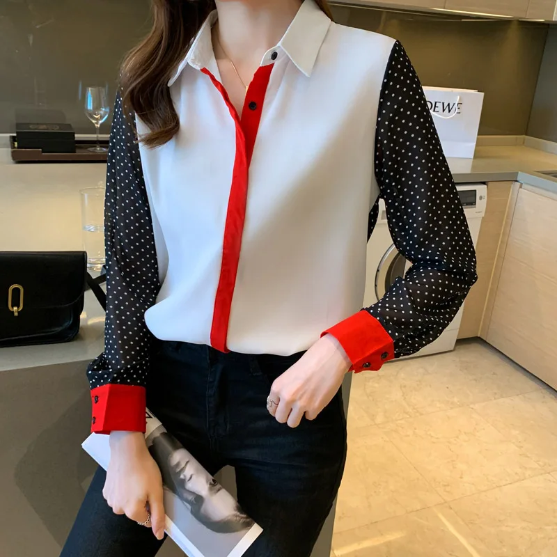 Women Fashion Red Striped Spliced Chiffon Shirts Spring Button Elegant Loose Casual Button Cardigan Vintage Contrast Style Top