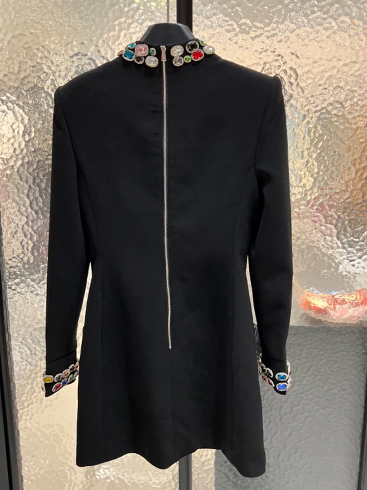 GALCAUR Patchwork Diamonds Slimming Dresses For Women Stand Collar Long Sleeve High Waist Elegant Hit Color Bodycon Dress Female