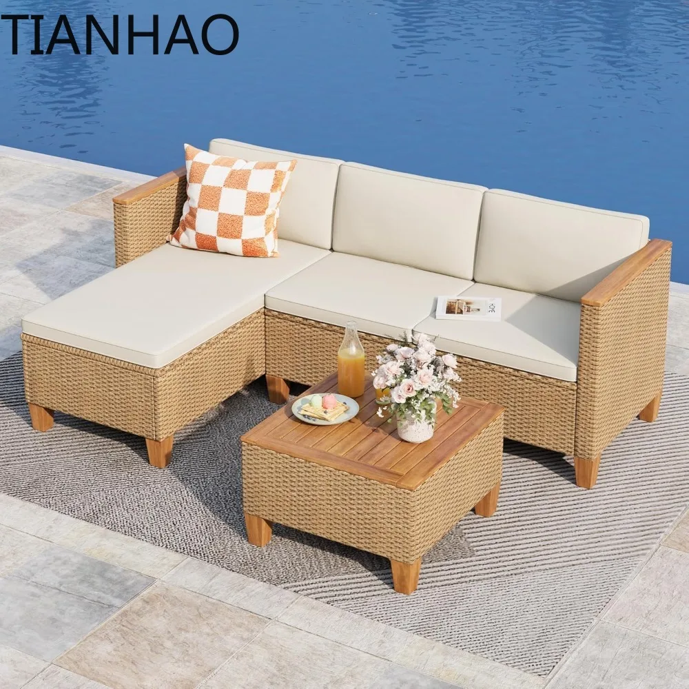 Wicker Outdoor Patio Furniture Set 3 Pieces Patio Chaise Longue Conversation Set, Rattan L-Shaped Sofa Couch with Acacia Wood