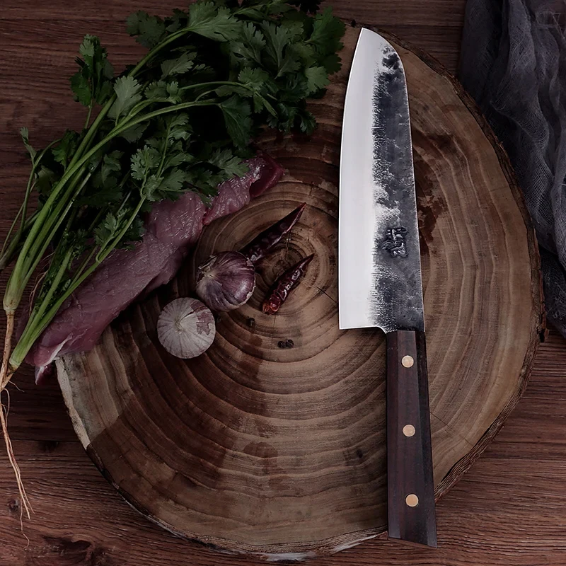 

8-дюймовый нож Santoku, нож шеф-повара, нож для нарезки мяса, овощей, кованые кухонные ножи ручной работы, лезвие из нержавеющей стали, деревянная ручка