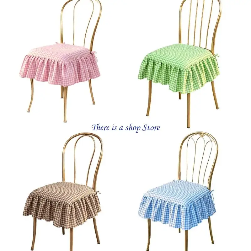 D0AD Tie-On Chair Seats Cover Slipcovers with a Coordinating Check Pattern, Ruffled Border, and Polyester Fabric for Stools