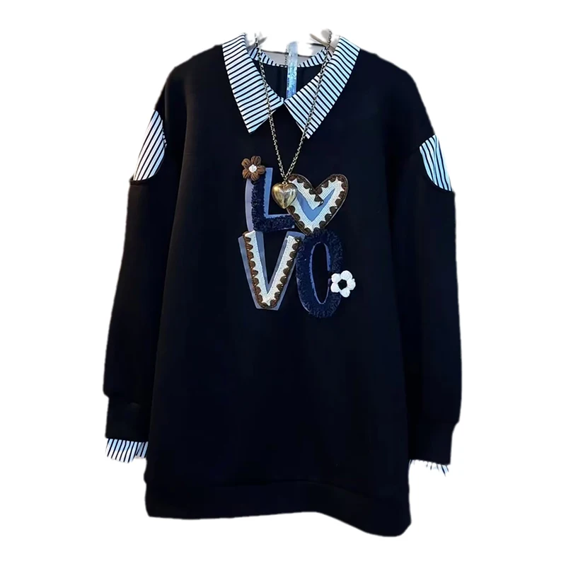 2023 Lente Herfst Nieuwe Plus Size Nep Twee Stukken Gestreepte Letter Losse Sweatshirt Mode Koreaanse Medium Lange Mouw Sweatshirts