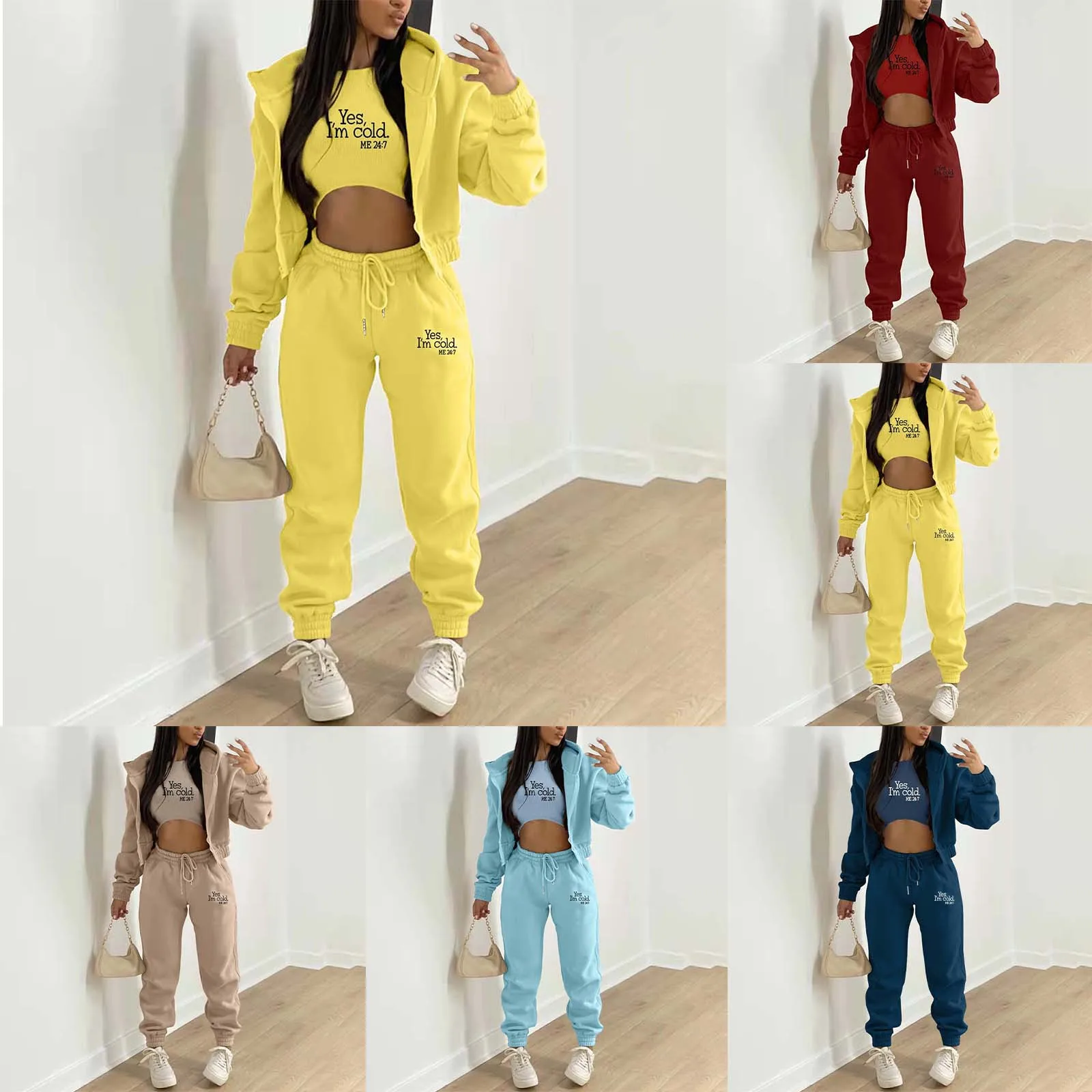 

Ladies Winter Sweatshirt Jacket 3-Piece Set Casual Women's Hoodie Jacket & Vest & Trousers Three Piece Outfit