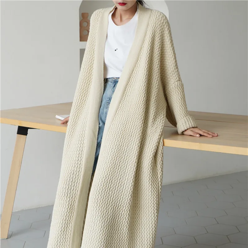 2024 Loose Long Coats Women Knitted Cardigan Over Knee Thick Thread Fat Large Sweater Jacket Autumn Winter Overcoat