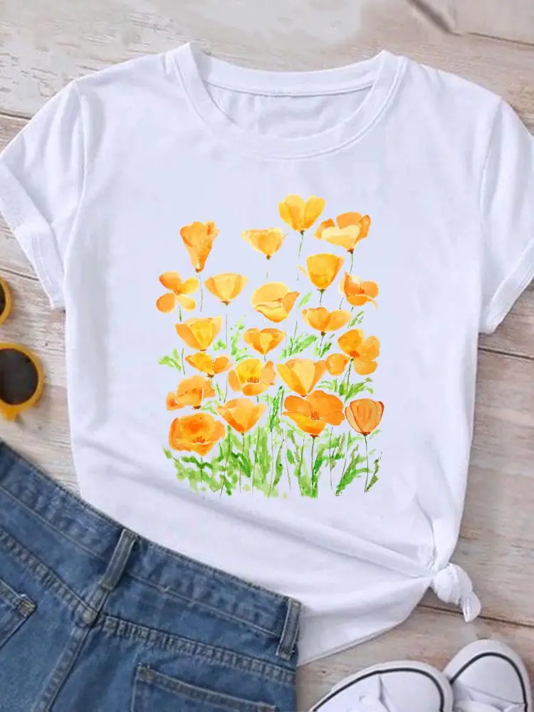 

Graphic T Shirt Casual Clothing Summer Short Sleeve Women Sweet Flower Floral Style Print Fashion Clothes Tee T-shirt Female Top