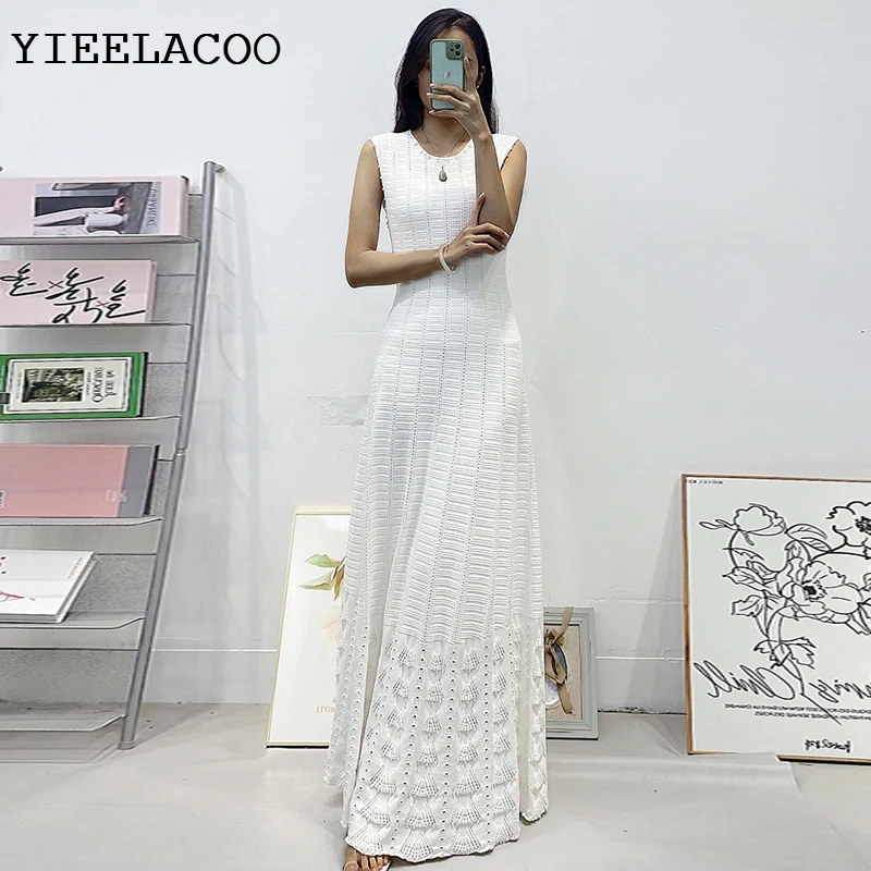 

Knitted Dress white Elastic Long fashionable /elegant 2025 Spring/Summer Customized pearl sleeveless pleated dress