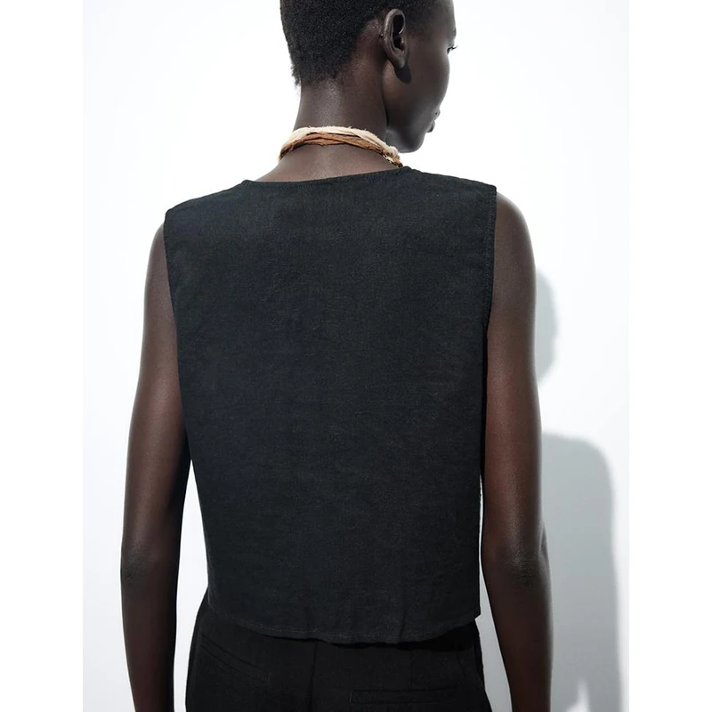 

Summer Women's Linen Blend Vest Knot Hollow out Embroidery V-Ne Svel Tank Top Original Design Polyester Fiber