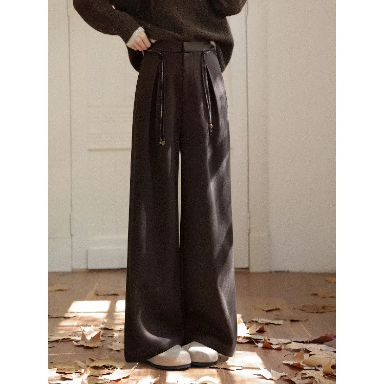 ALXNAN Damskie spodnie zimowe w stylu koreańskim, luźne, codzienne brązowe spodnie 2025, ciepłe, proste, eleganckie, damskie spodnie typu baggy L58710