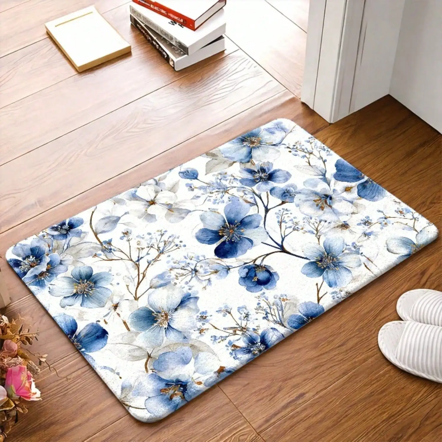 1pc Blue White Floral Pattern Doormat, Non Slip Rubber Backing Flannel Rug, Durable Washable Entry Mat, Universal For Living Room, Bedroom, Office, Bathroom