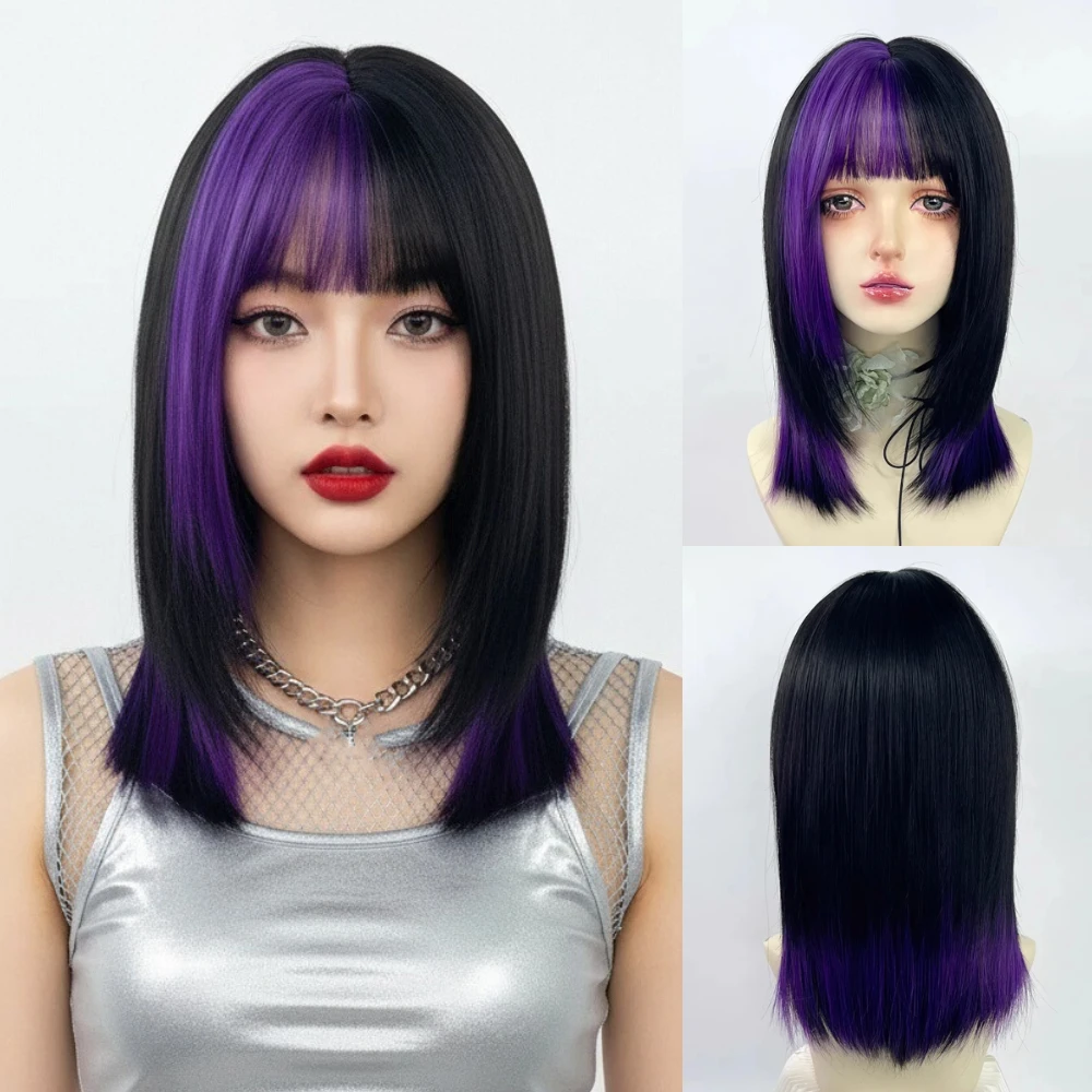 

Женский термостойкий короткий прямой фиолетовый парик из синтетического стиля Лолиты с челкой для косплея, вечеринки, повседневной носки