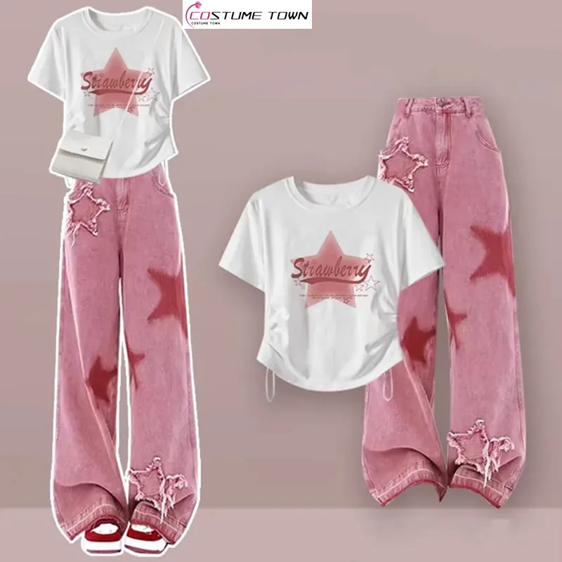 

2024 Spring/Summer Korean Edition New Sweet and Spicy Fashion Short Sleeve+Wide Leg Jeans Women's Set Two Pieces